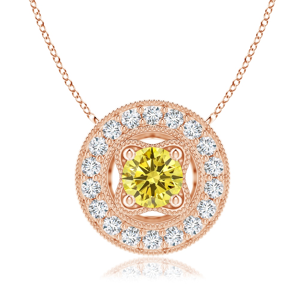 6.4mm AAAA Vintage Style Fancy Intense Yellow Diamond Halo Pendant with Milgrain Detailing in Rose Gold