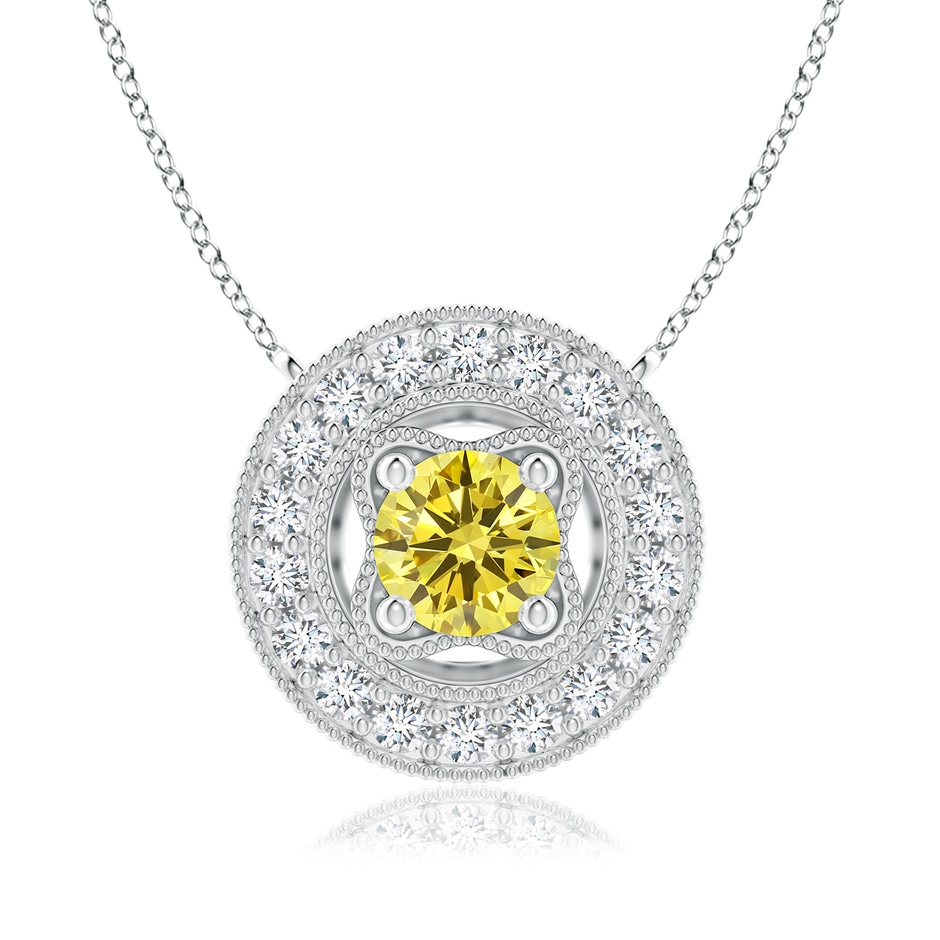 6.4mm AAAA Vintage Style Fancy Intense Yellow Diamond Halo Pendant with Milgrain Detailing in White Gold 