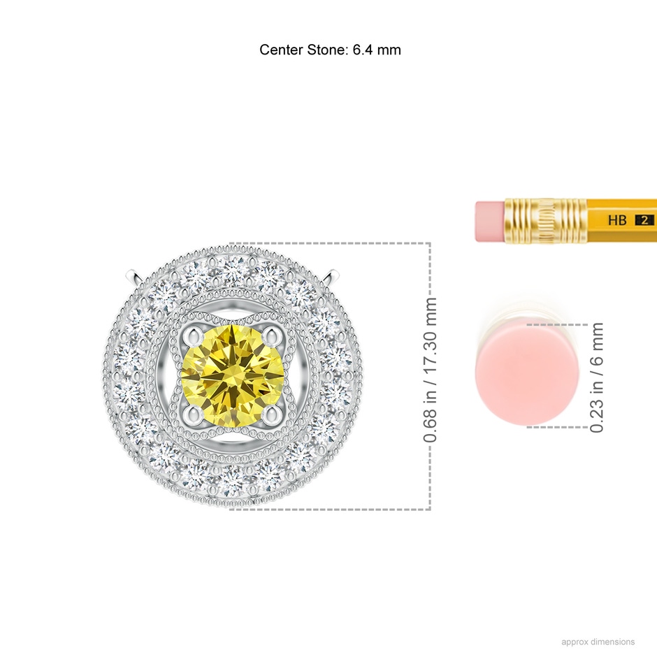 6.4mm AAAA Vintage Style Fancy Intense Yellow Diamond Halo Pendant with Milgrain Detailing in White Gold ruler