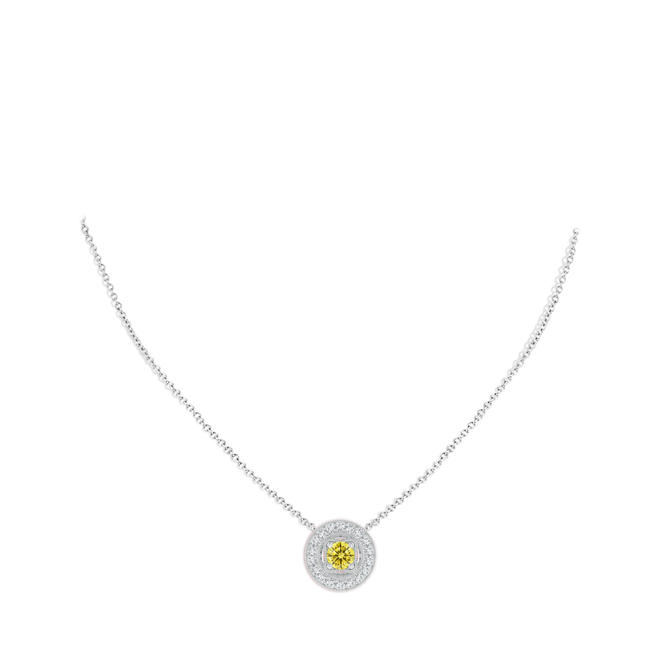 6.4mm AAAA Vintage Style Fancy Intense Yellow Diamond Halo Pendant with Milgrain Detailing in White Gold pen