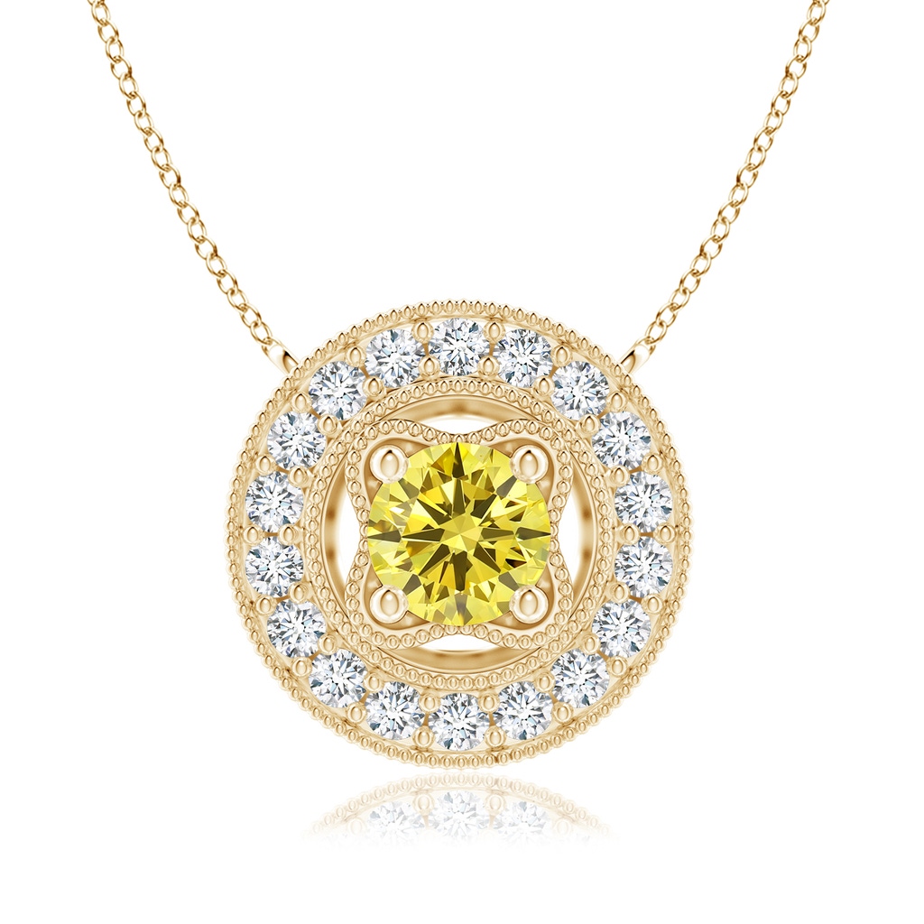 6.4mm AAAA Vintage Style Fancy Intense Yellow Diamond Halo Pendant with Milgrain Detailing in Yellow Gold