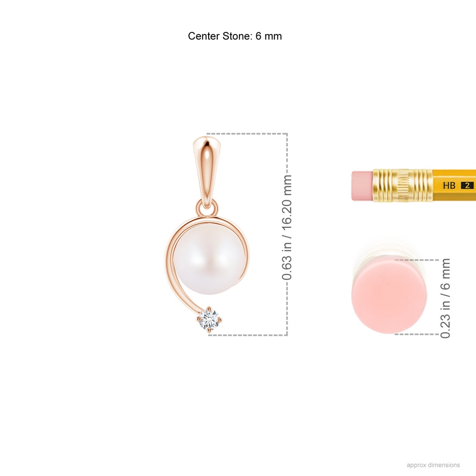 6mm AA Japanese Akoya Pearl and Diamond Swirl Pendant in Rose Gold ruler
