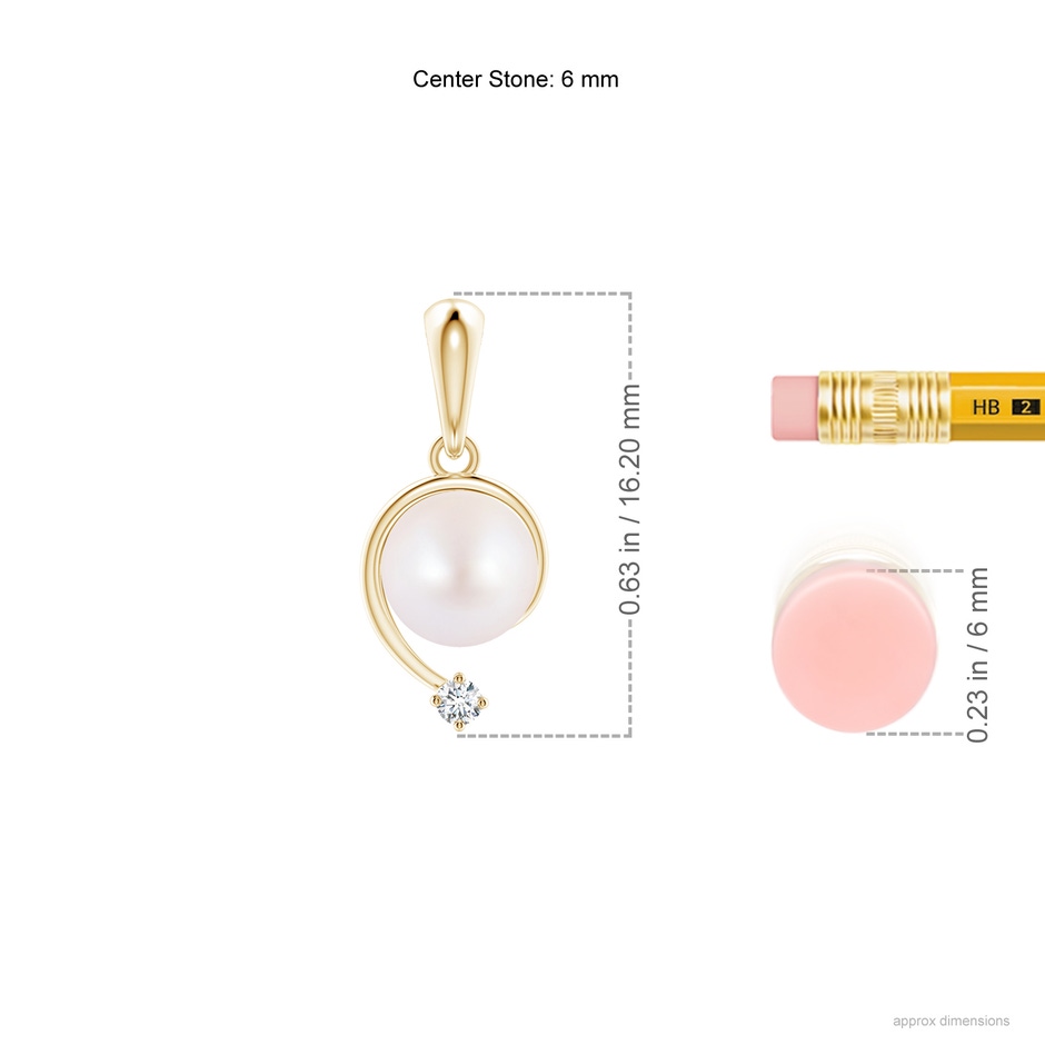 6mm AA Japanese Akoya Pearl and Diamond Swirl Pendant in Yellow Gold ruler