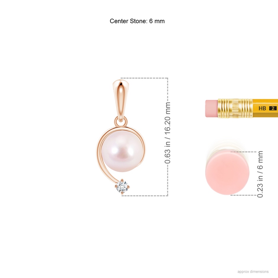 6mm AAAA Japanese Akoya Pearl and Diamond Swirl Pendant in Rose Gold ruler