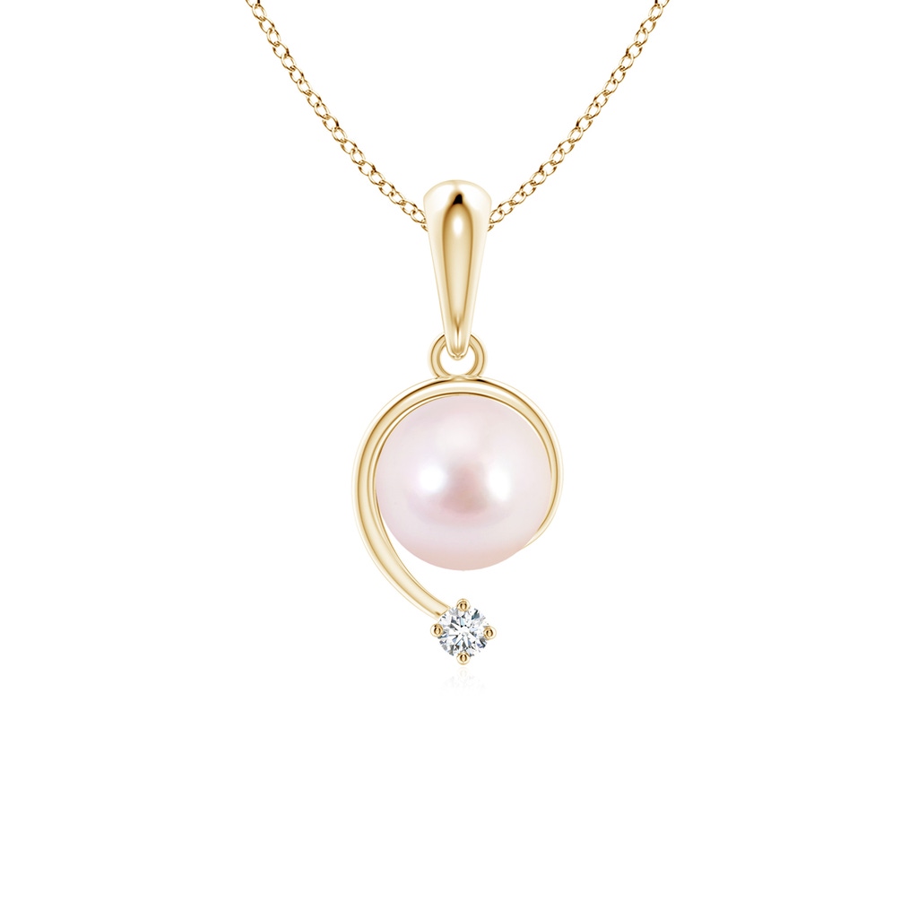 6mm AAAA Japanese Akoya Pearl and Diamond Swirl Pendant in Yellow Gold