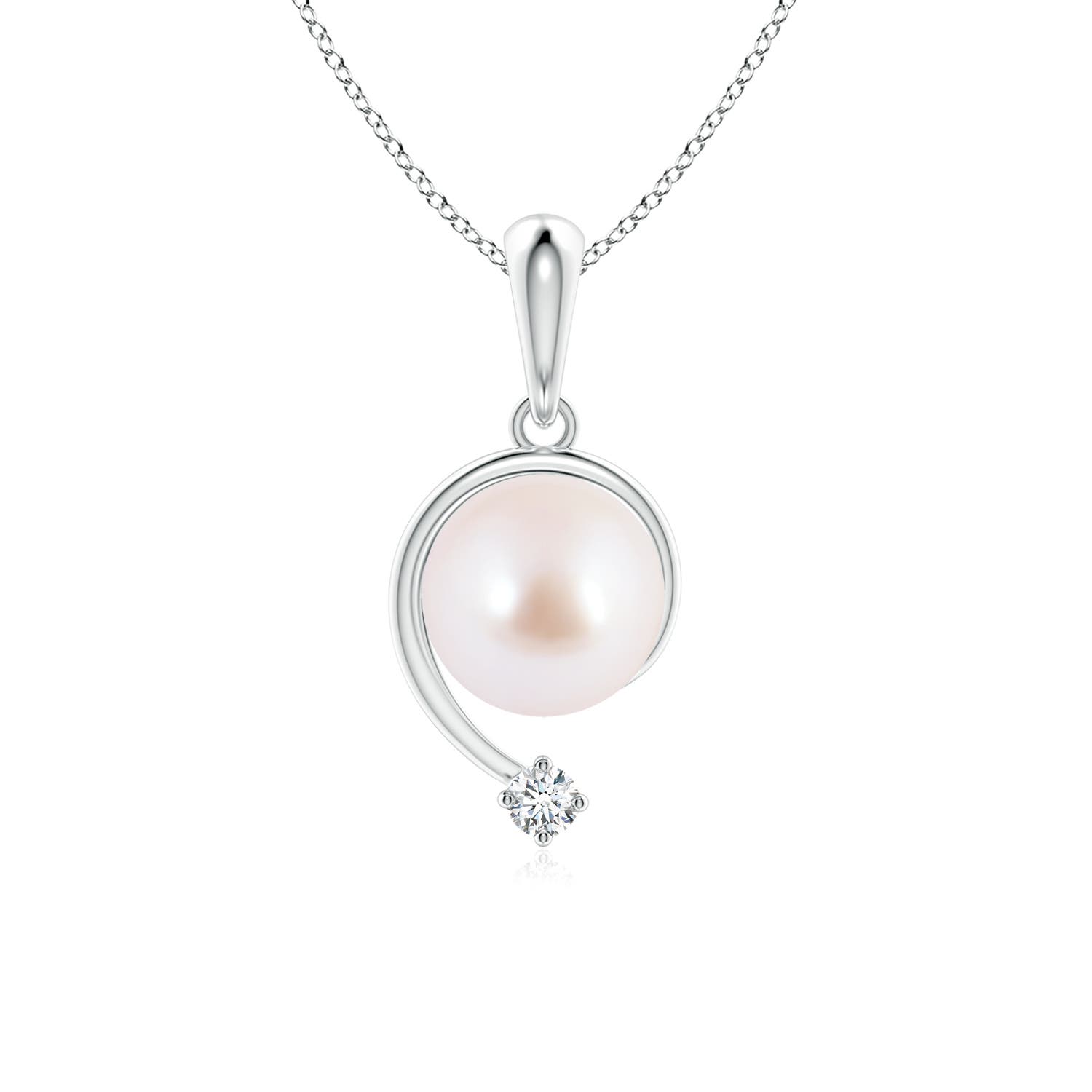 7mm AAA Japanese Akoya Pearl and Diamond Swirl Pendant in White Gold