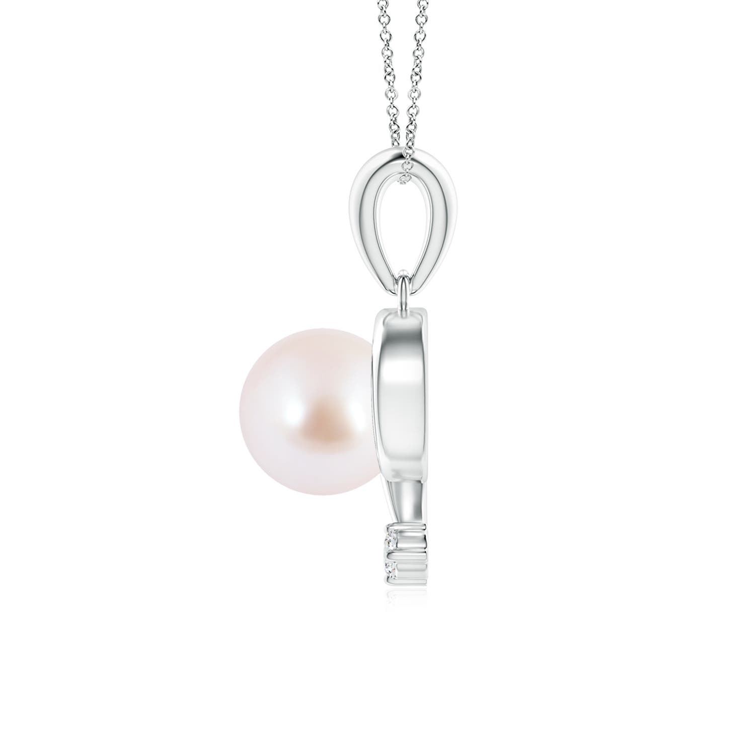 7mm AAA Japanese Akoya Pearl and Diamond Swirl Pendant in White Gold