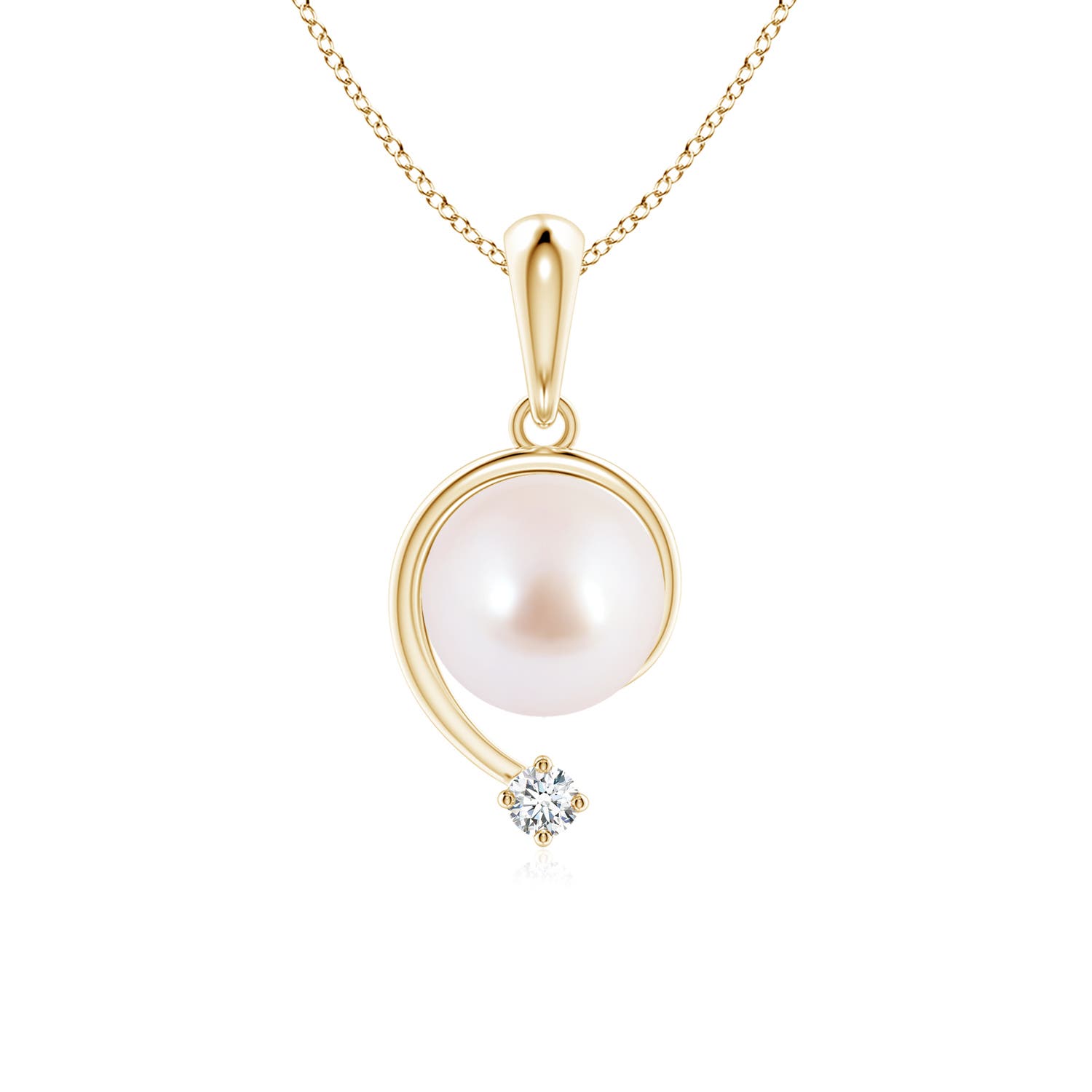 7mm AAA Japanese Akoya Pearl and Diamond Swirl Pendant in Yellow Gold