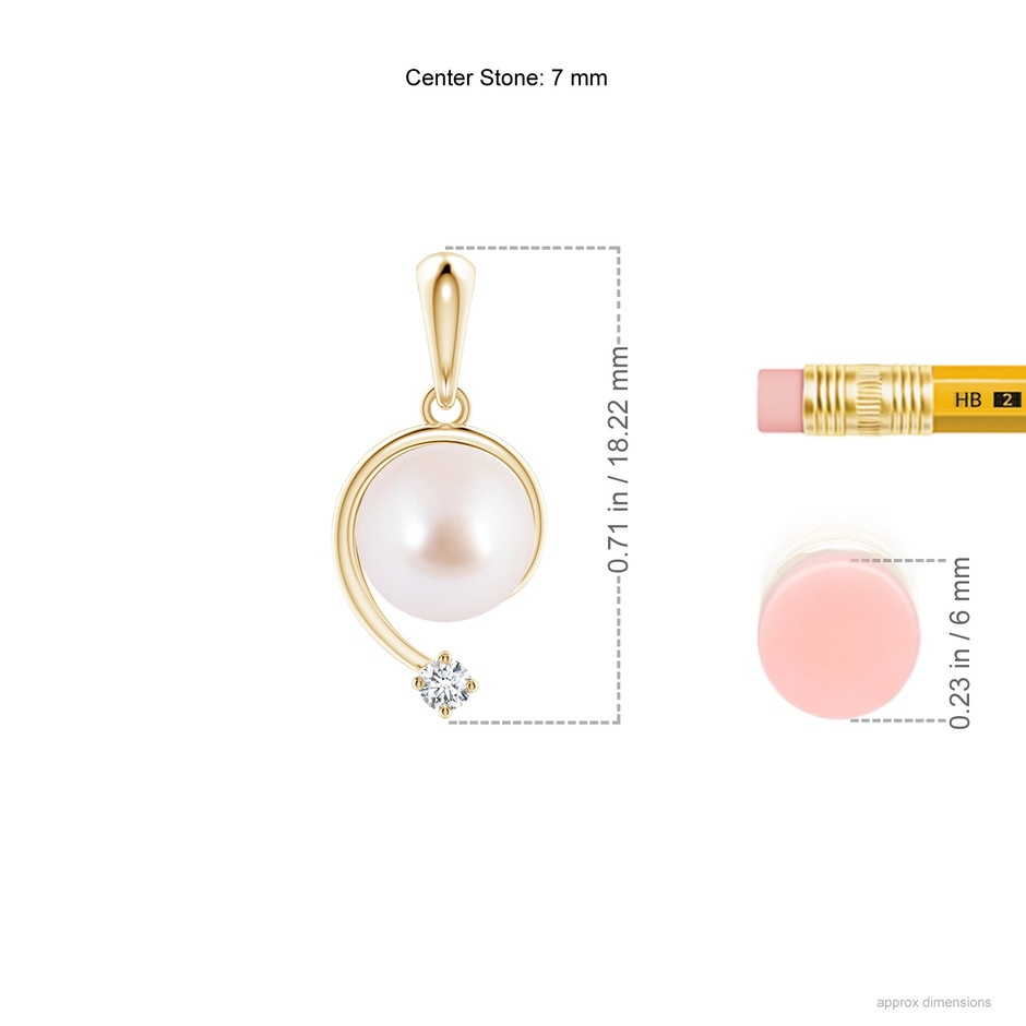 7mm AAA Japanese Akoya Pearl and Diamond Swirl Pendant in Yellow Gold ruler