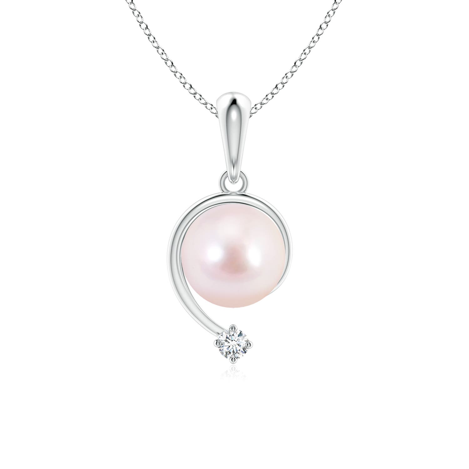 7mm AAAA Japanese Akoya Pearl and Diamond Swirl Pendant in White Gold