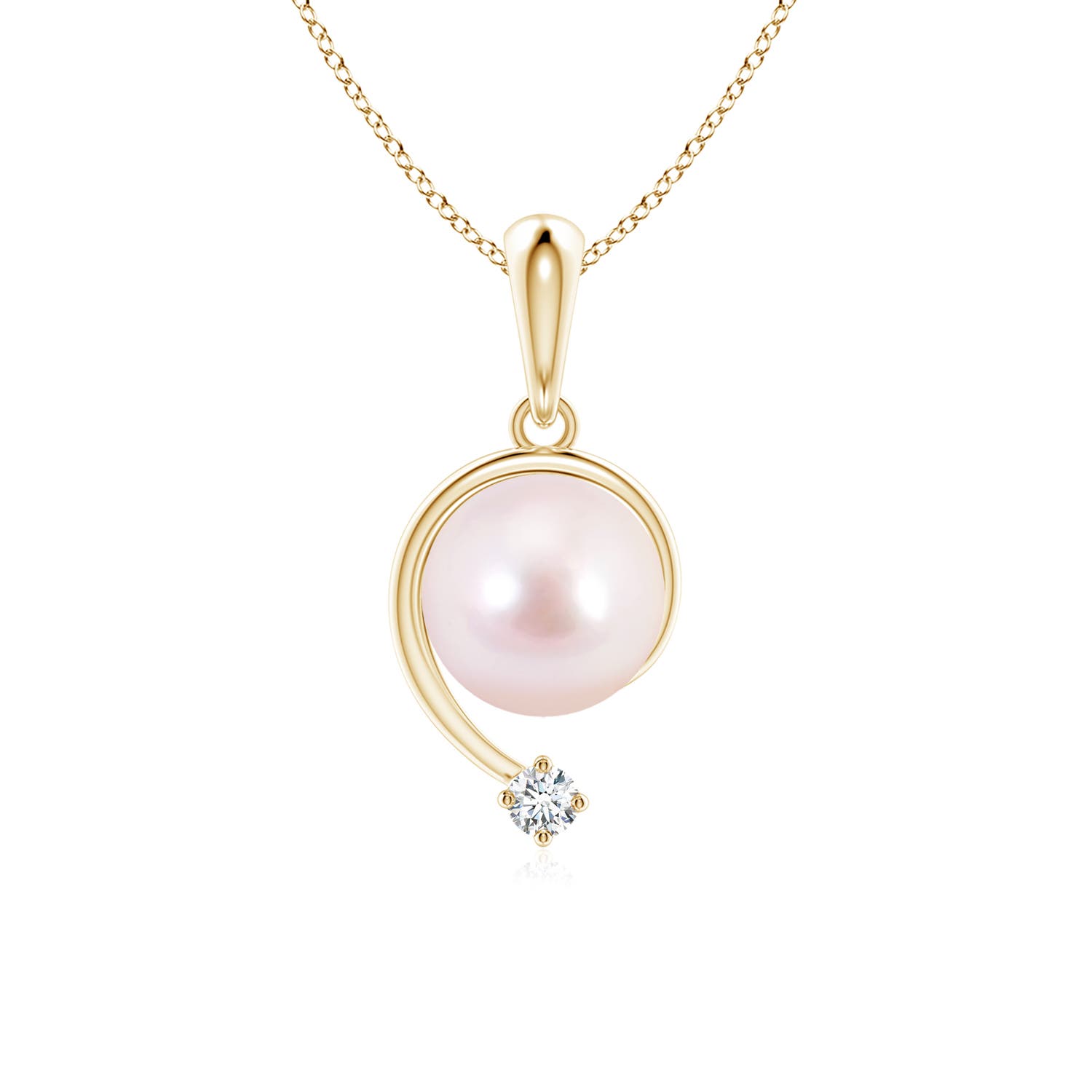 7mm AAAA Japanese Akoya Pearl and Diamond Swirl Pendant in Yellow Gold