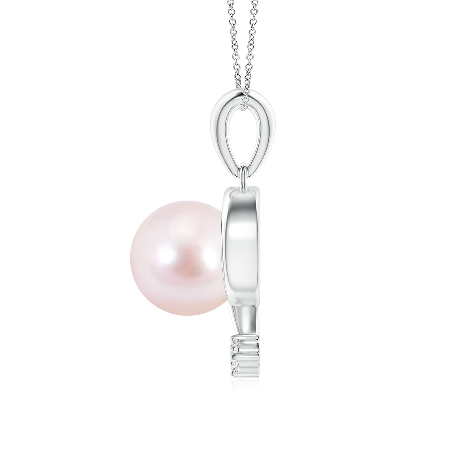 8mm AAAA Japanese Akoya Pearl and Diamond Swirl Pendant in White Gold - side 1