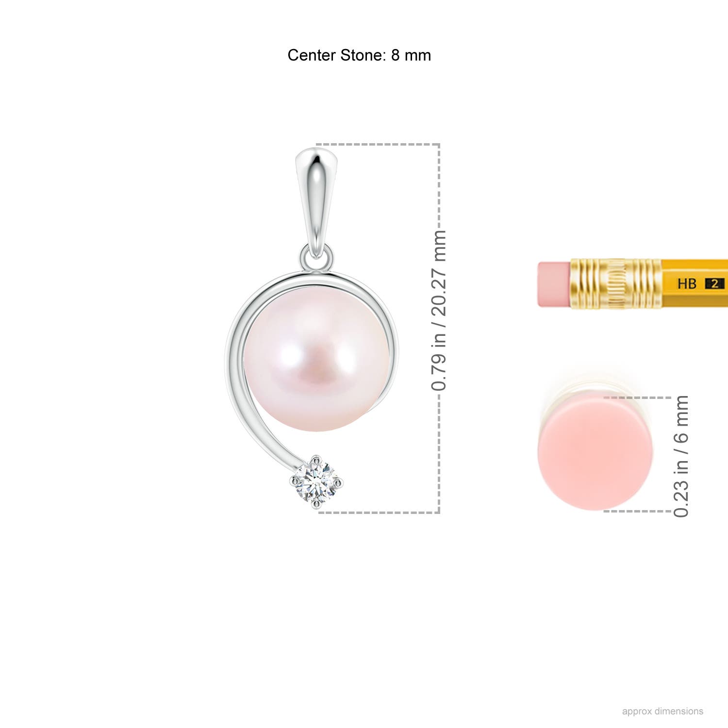 8mm AAAA Japanese Akoya Pearl and Diamond Swirl Pendant in White Gold - ruler