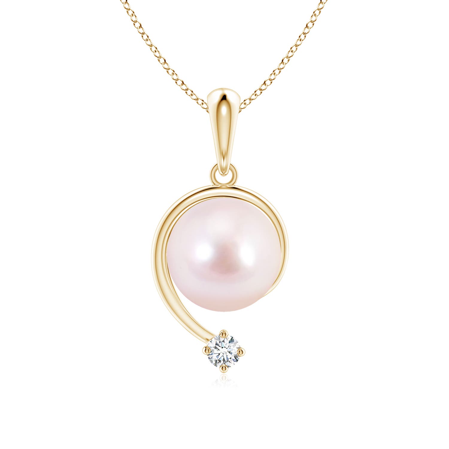 8mm AAAA Japanese Akoya Pearl and Diamond Swirl Pendant in Yellow Gold