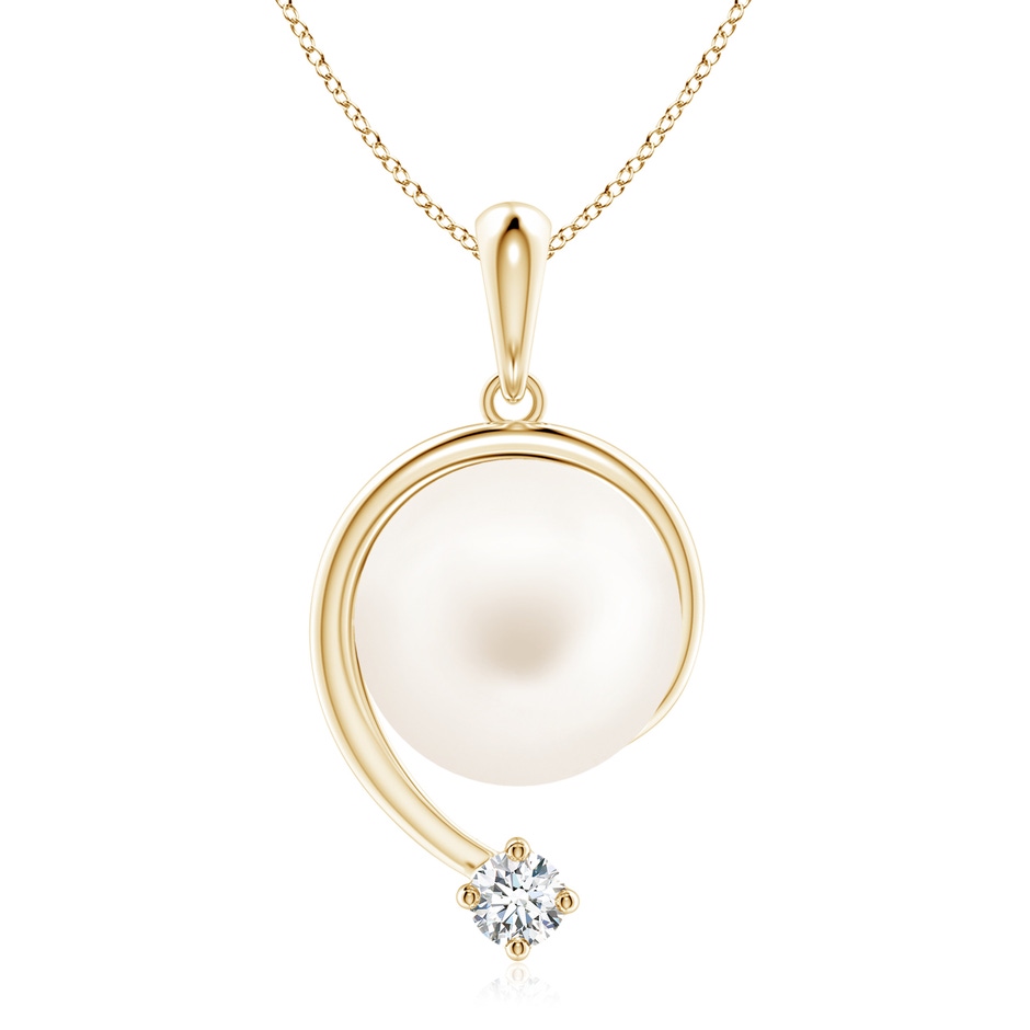 10mm AA Freshwater Pearl and Diamond Swirl Pendant in Yellow Gold 