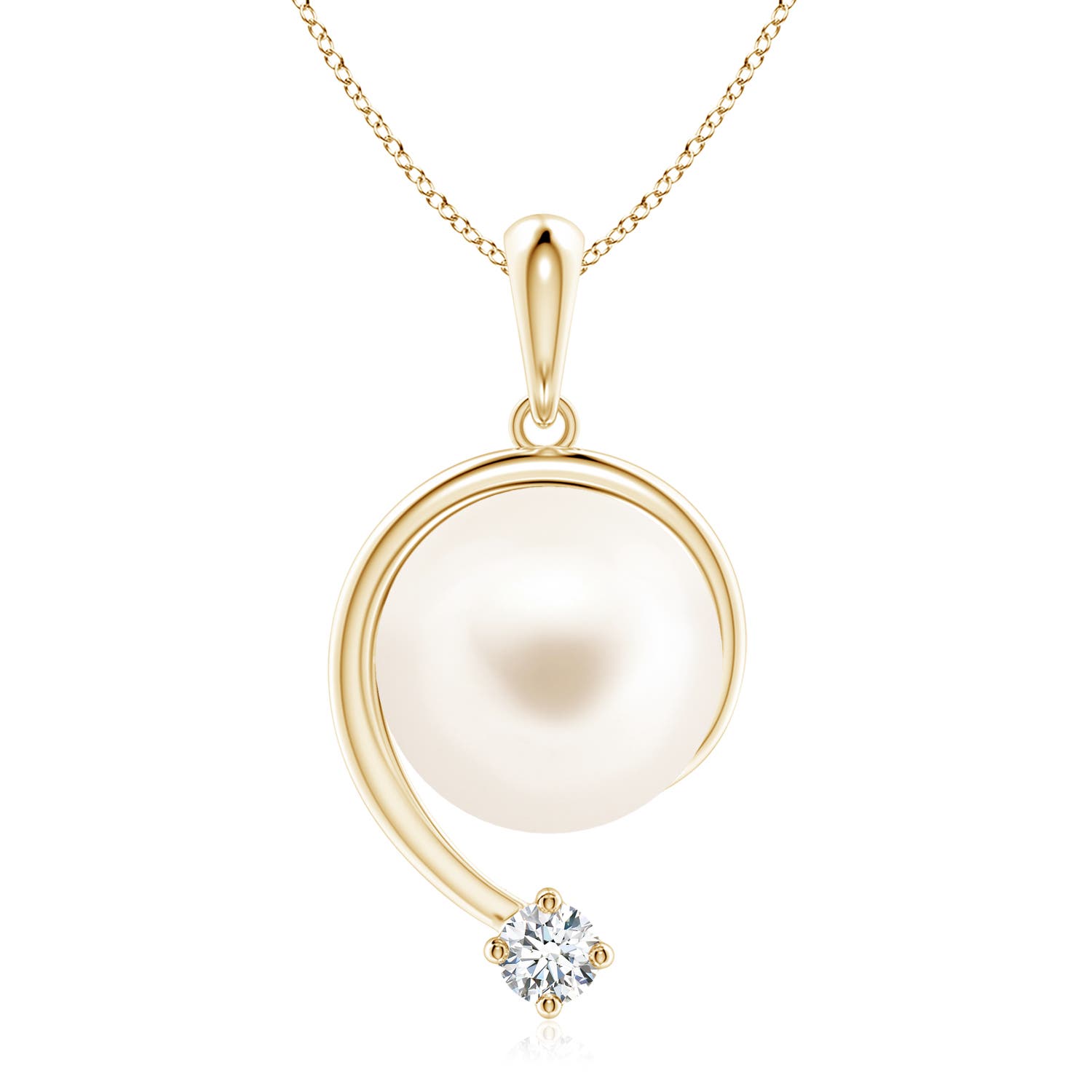 10mm AAA Freshwater Pearl and Diamond Swirl Pendant in 18CT Yellow Gold