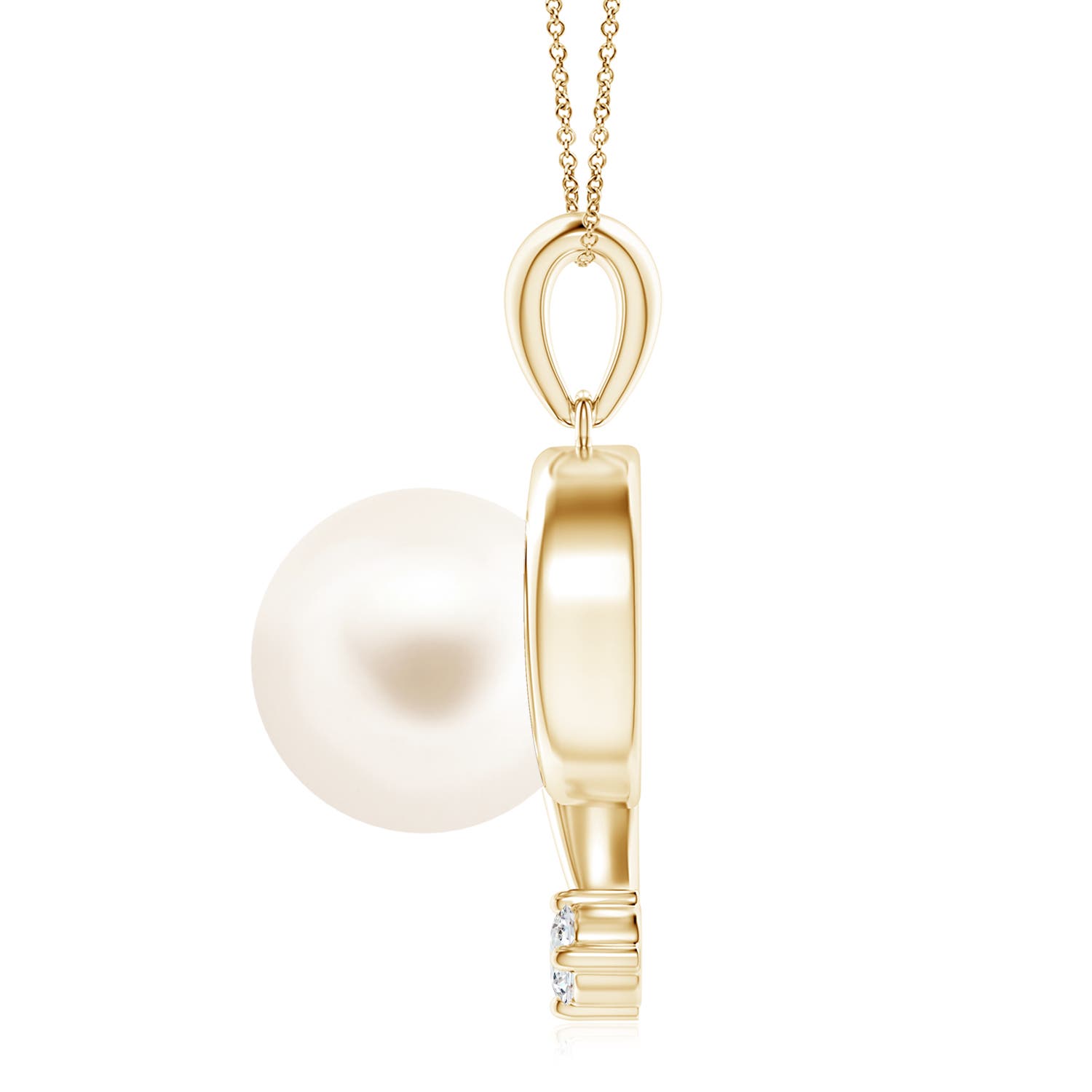 10mm AAA Freshwater Pearl and Diamond Swirl Pendant in Yellow Gold