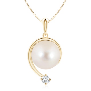 10mm AAAA Freshwater Pearl and Diamond Swirl Pendant in Yellow Gold