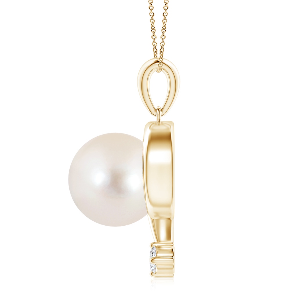10mm AAAA Freshwater Pearl and Diamond Swirl Pendant in Yellow Gold Side 1
