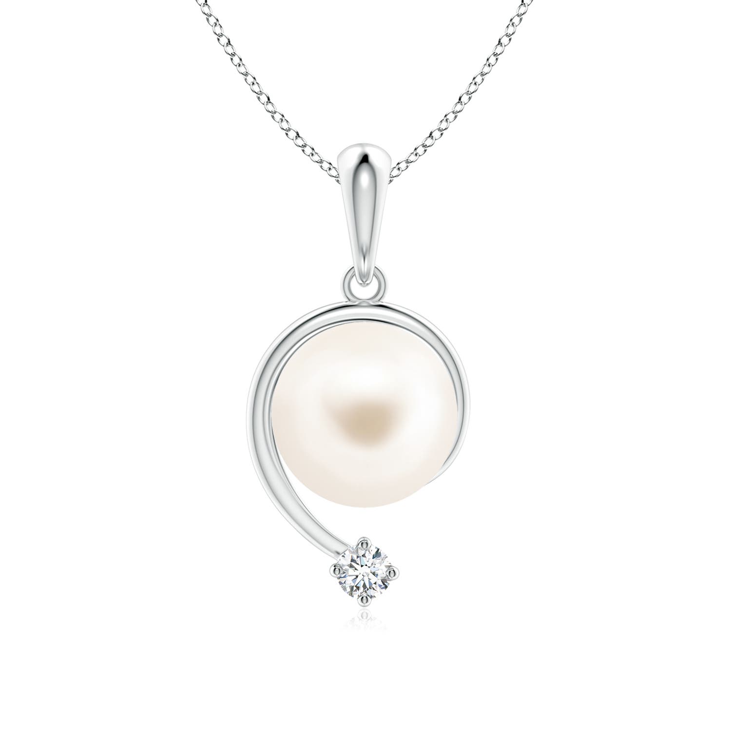 8mm AAA Freshwater Pearl and Diamond Swirl Pendant in 18K White Gold