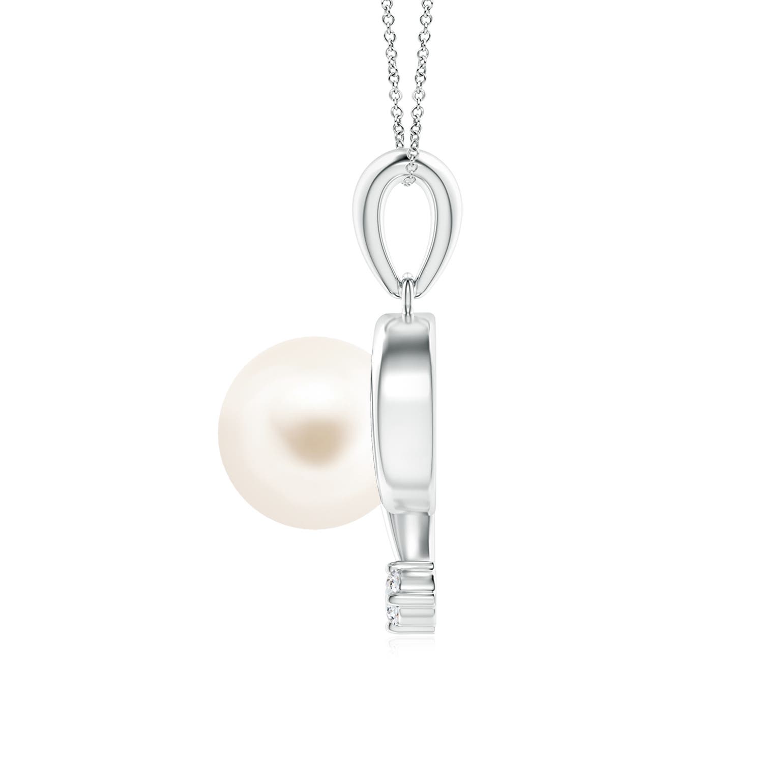 8mm AAA Freshwater Pearl and Diamond Swirl Pendant in 18K White Gold