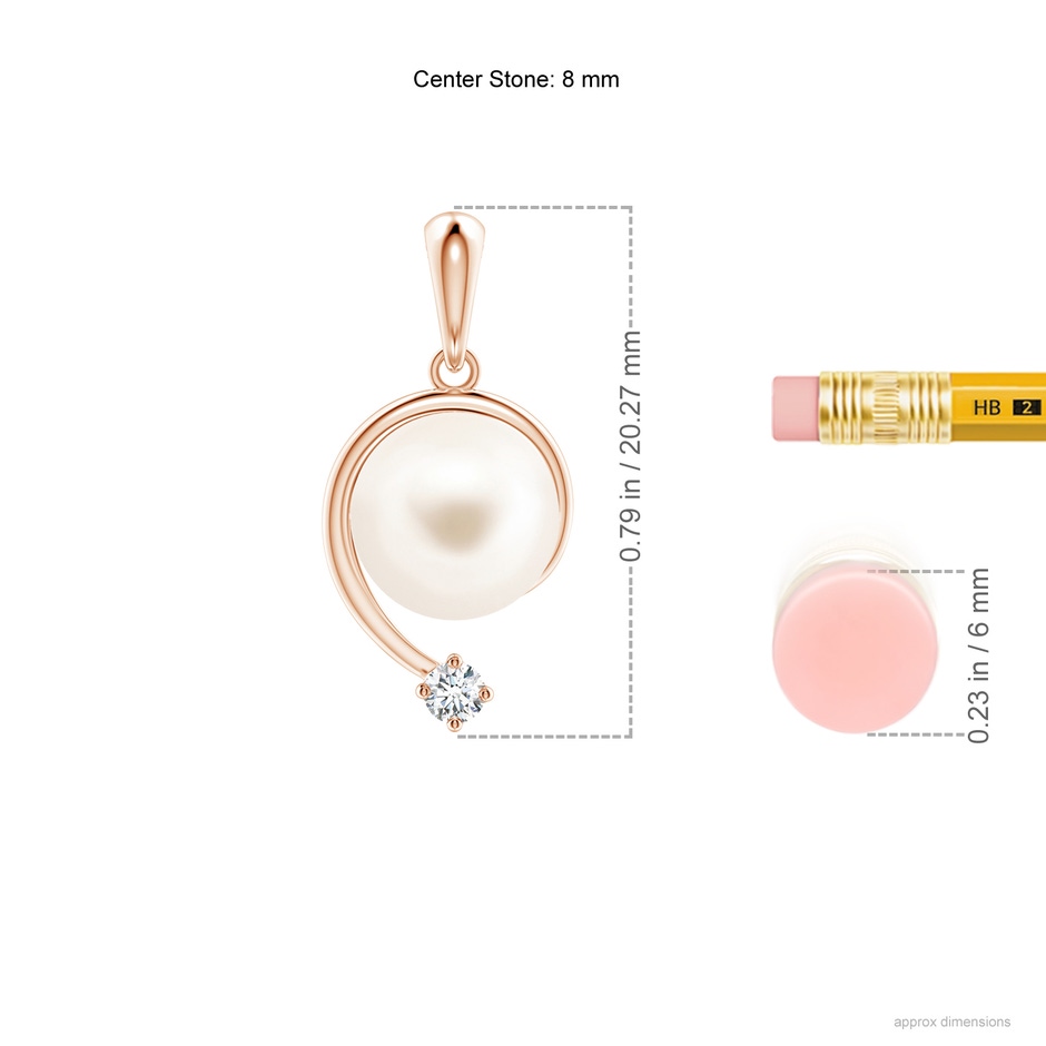 8mm AAA Freshwater Pearl and Diamond Swirl Pendant in Rose Gold ruler