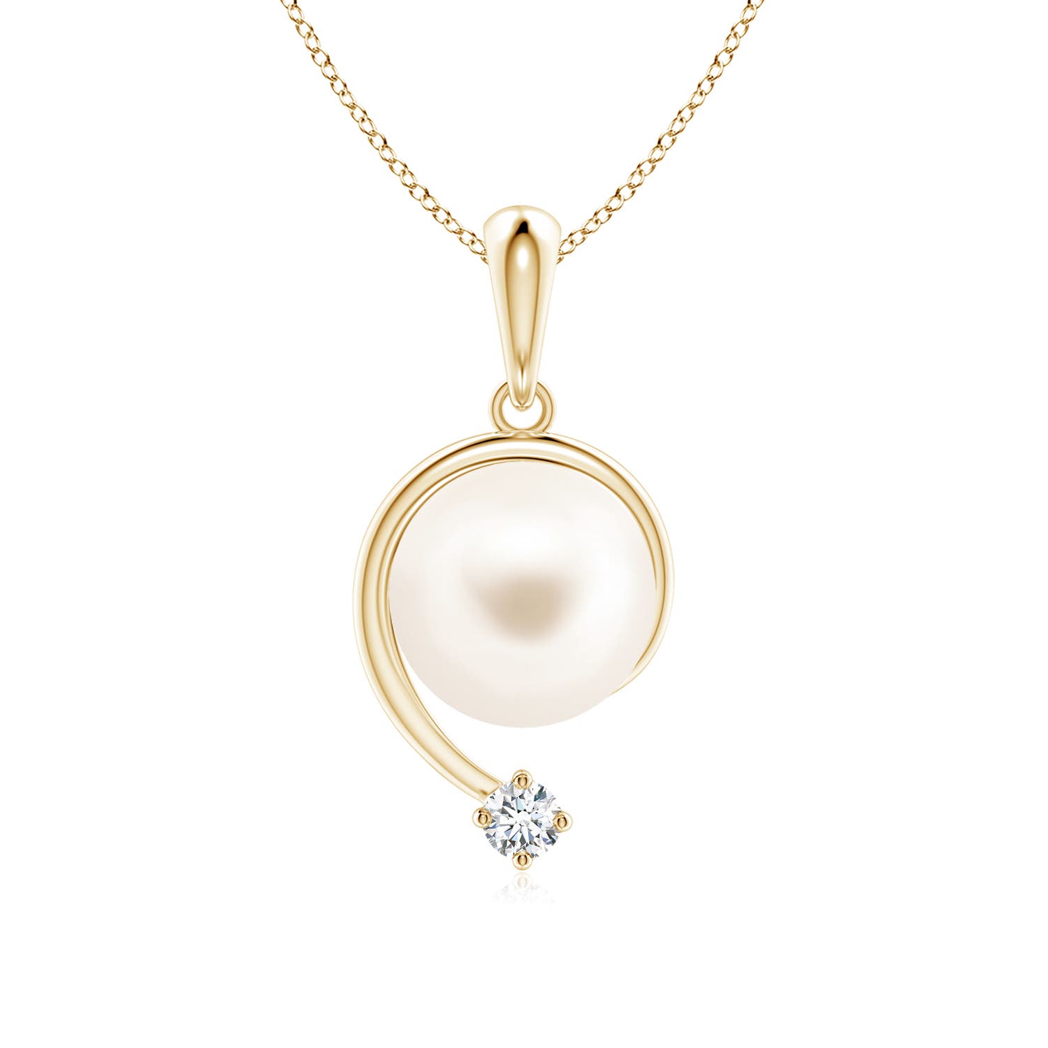 8mm AAA Freshwater Pearl and Diamond Swirl Pendant in Yellow Gold