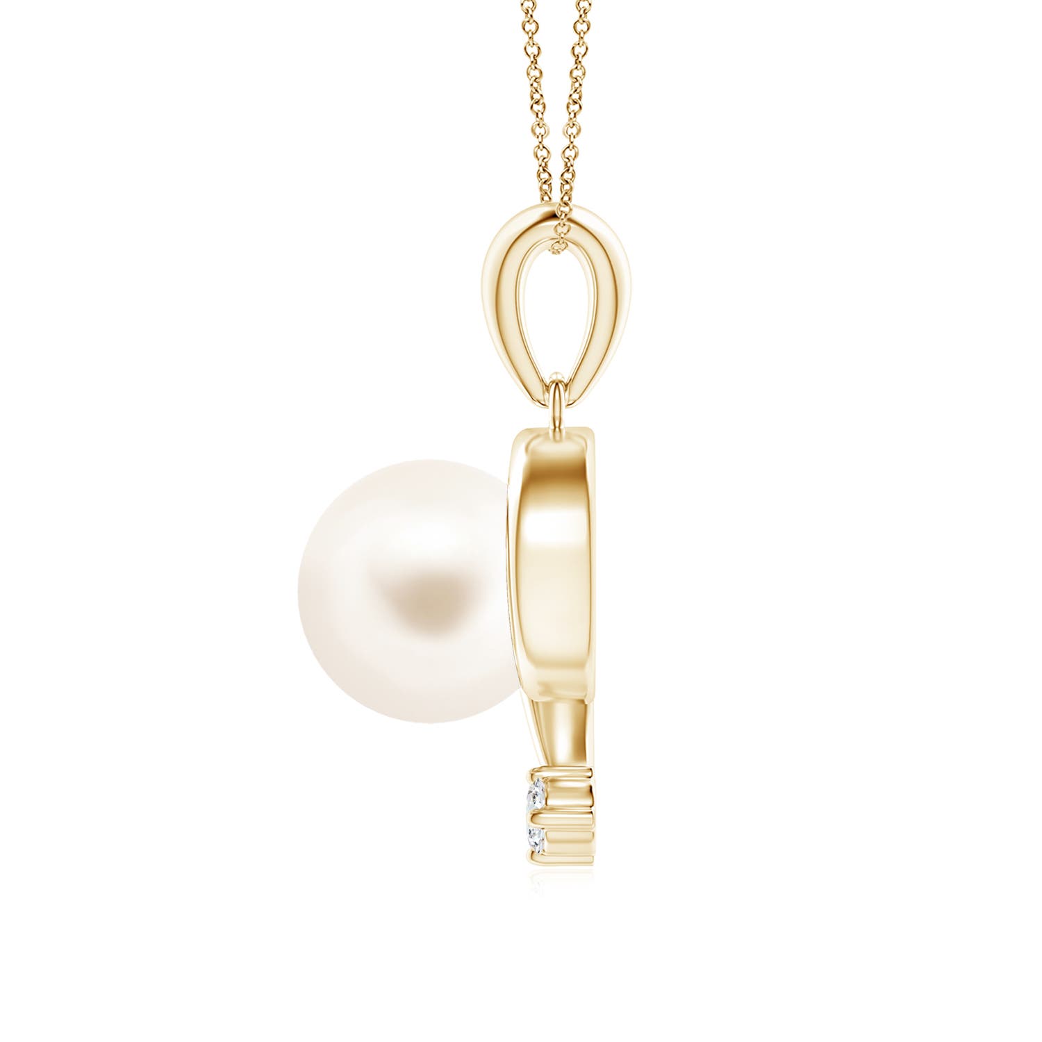 8mm AAA Freshwater Pearl and Diamond Swirl Pendant in Yellow Gold