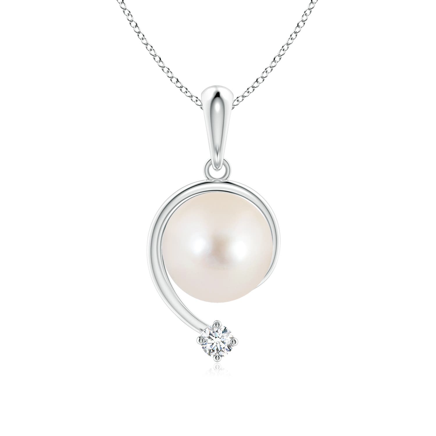 8mm AAAA Freshwater Pearl and Diamond Swirl Pendant in White Gold