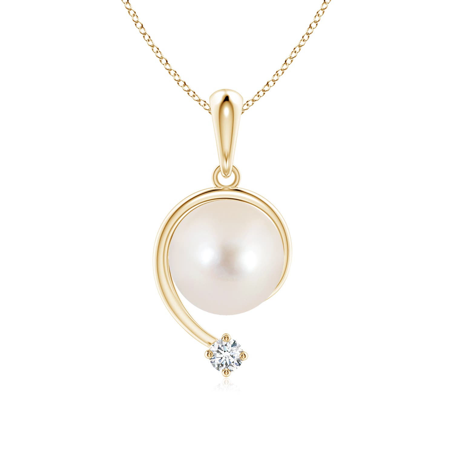 8mm AAAA Freshwater Pearl and Diamond Swirl Pendant in Yellow Gold