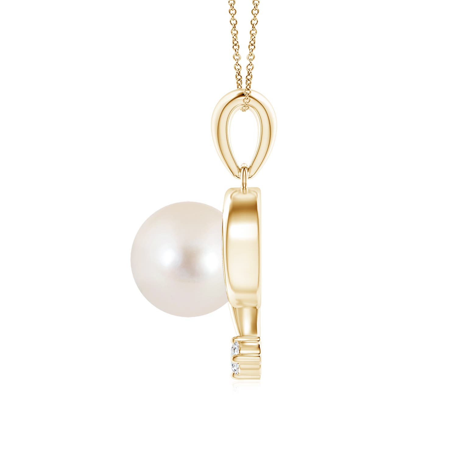 8mm AAAA Freshwater Pearl and Diamond Swirl Pendant in Yellow Gold