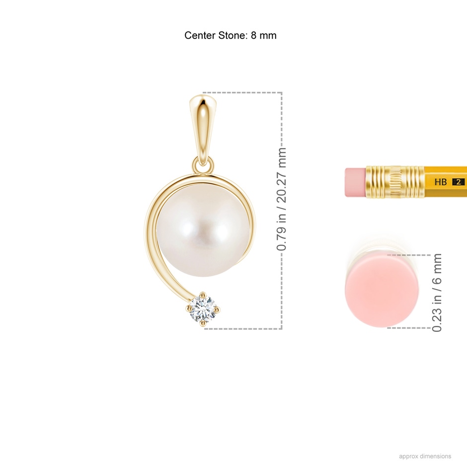 8mm AAAA Freshwater Pearl and Diamond Swirl Pendant in Yellow Gold ruler