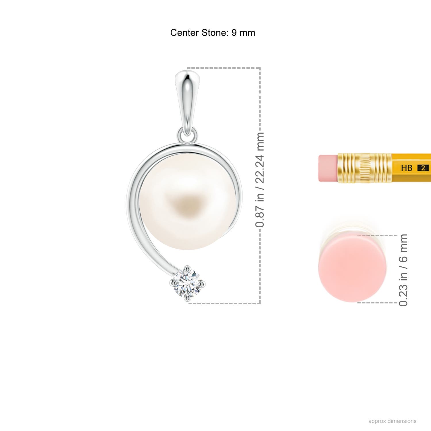 9mm AAA Freshwater Pearl and Diamond Swirl Pendant in 18K White Gold - ruler