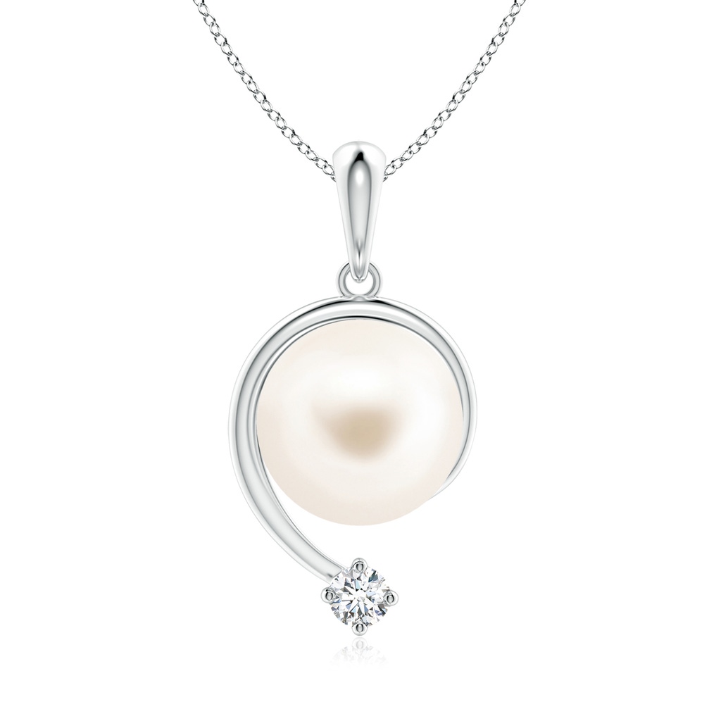 9mm AAA Freshwater Pearl and Diamond Swirl Pendant in White Gold