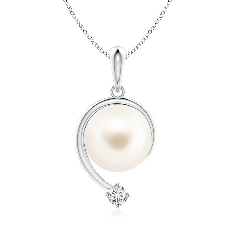 9mm AAA Freshwater Pearl and Diamond Swirl Pendant in White Gold 