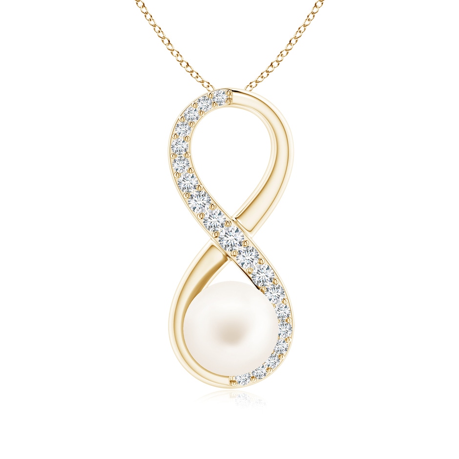 8mm AA Freshwater Pearl and Diamond Infinity Pendant in Yellow Gold 