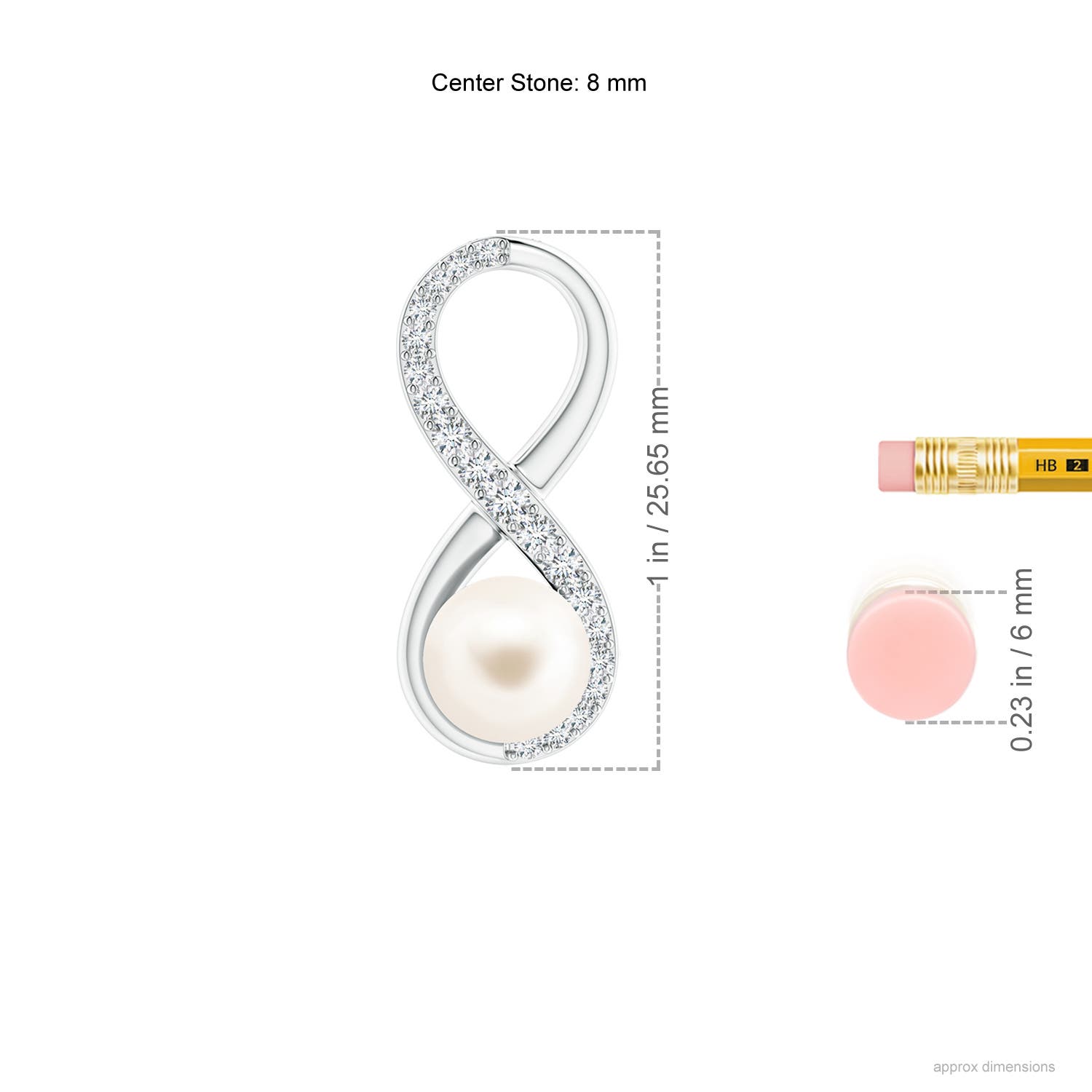 8mm AAA Freshwater Pearl and Diamond Infinity Pendant in White Gold - ruler