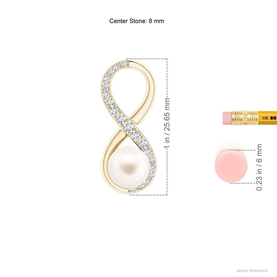 8mm AAA Freshwater Pearl and Diamond Infinity Pendant in Yellow Gold ruler