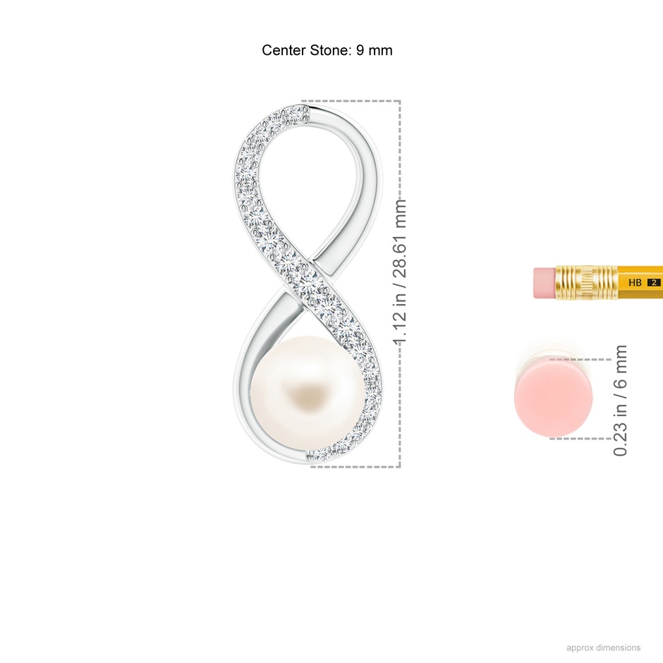 9mm AAA Freshwater Pearl and Diamond Infinity Pendant in White Gold ruler
