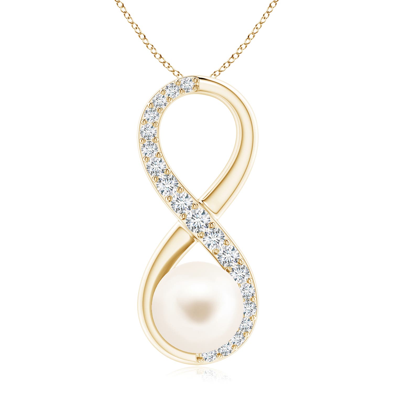9mm AAA Freshwater Pearl and Diamond Infinity Pendant in Yellow Gold