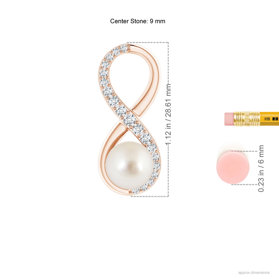 9mm AAAA South Sea Pearl and Diamond Infinity Pendant in Rose Gold ruler