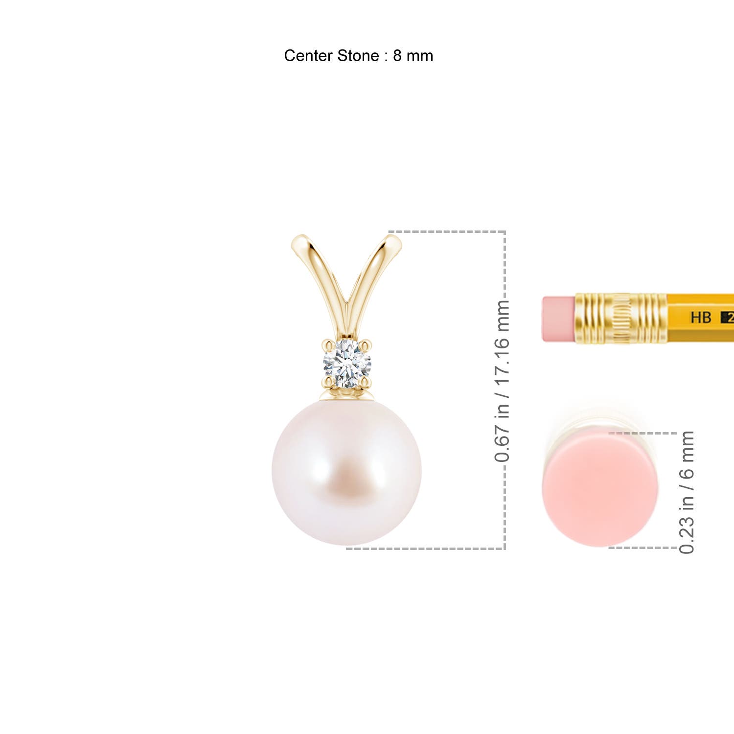 8mm AAA Japanese Akoya Pearl V-Bale Pendant in Yellow Gold - ruler