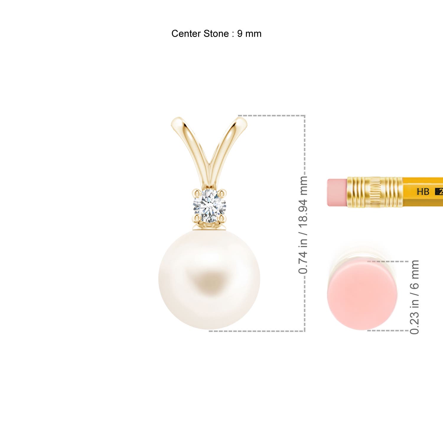 9mm AAA Freshwater Pearl V-Bale Pendant in Yellow Gold - ruler