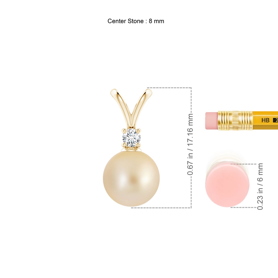 8mm AA Golden South Sea Pearl V-Bale Pendant in Yellow Gold ruler