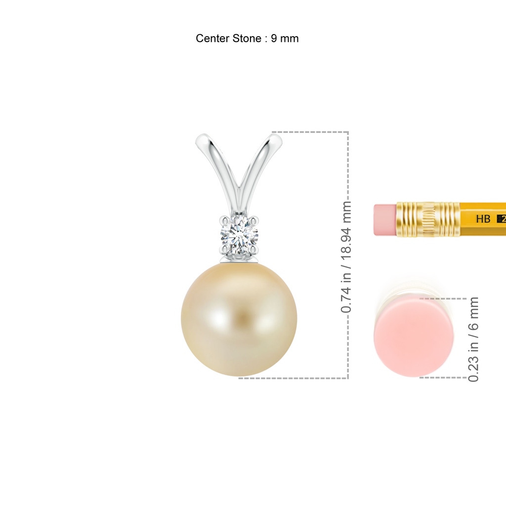 9mm AAA Golden South Sea Pearl V-Bale Pendant in White Gold Ruler