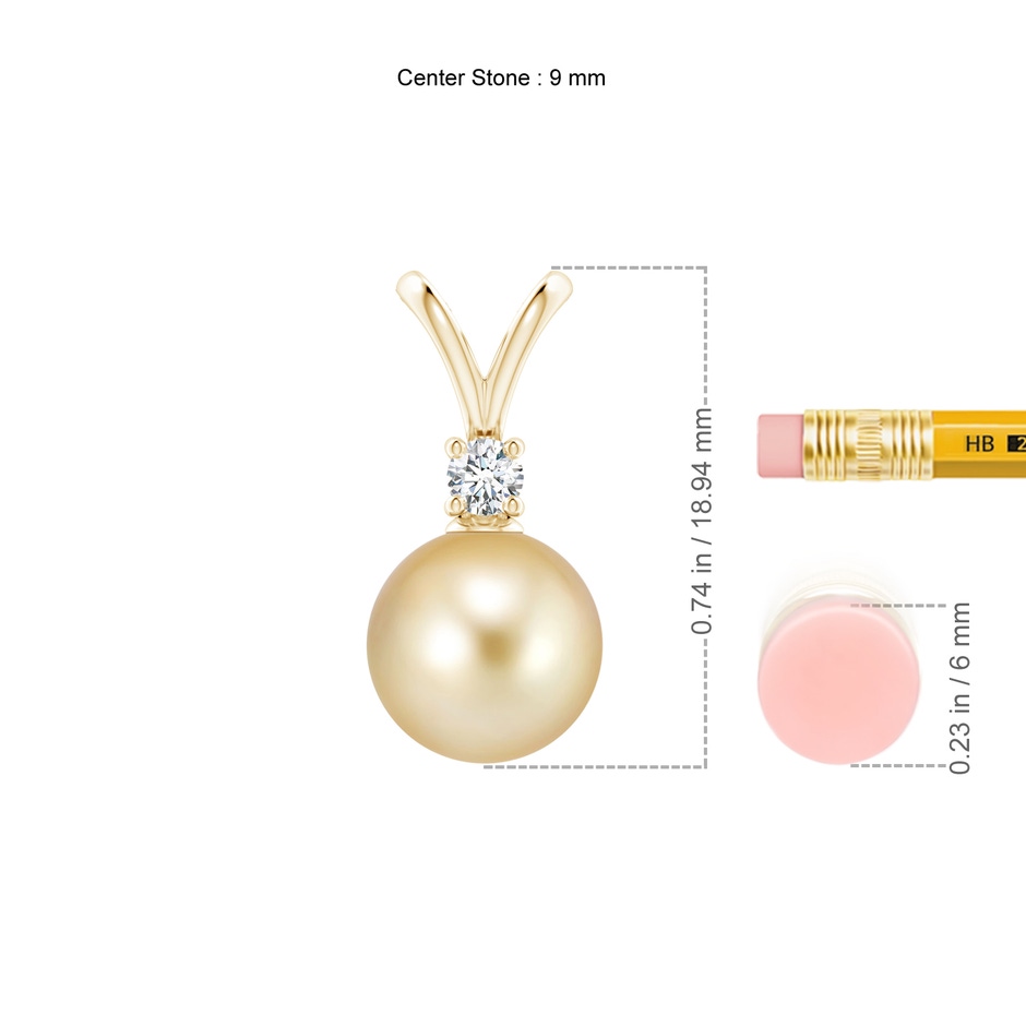 9mm AAAA Golden South Sea Pearl V-Bale Pendant in Yellow Gold ruler