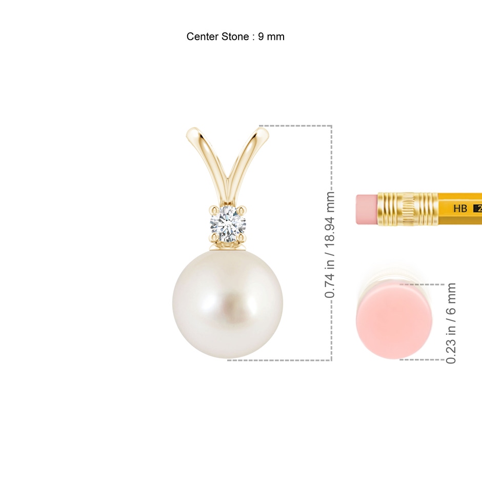 9mm AAAA South Sea Pearl V-Bale Pendant in Yellow Gold ruler