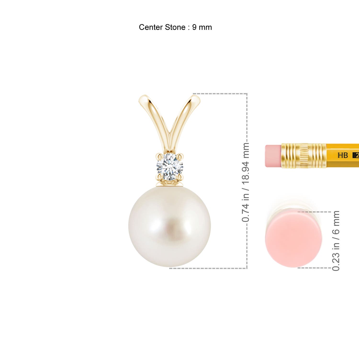9mm AAAA South Sea Pearl V-Bale Pendant in Yellow Gold - ruler