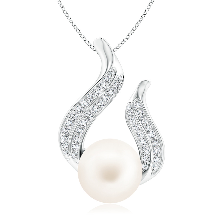 10mm AA Freshwater Pearl and Diamond Flame Pendant in White Gold 