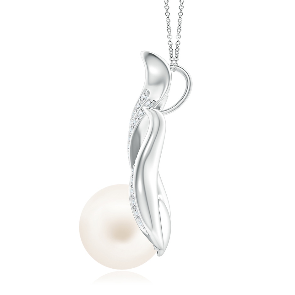 10mm AA Freshwater Pearl and Diamond Flame Pendant in White Gold side 1